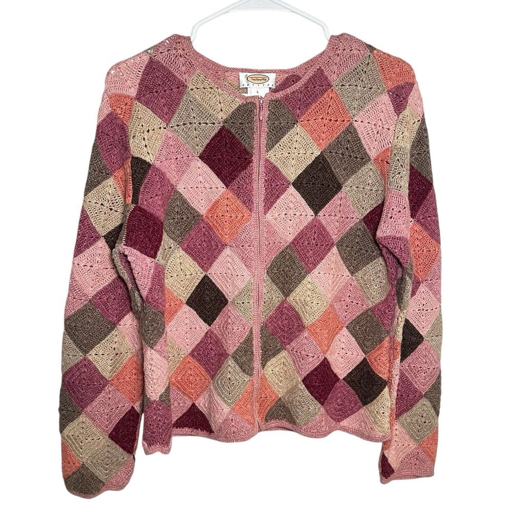 Talbots Crochet Checkered Square Cardigan Full Zip Vintage Pink Women Petite L